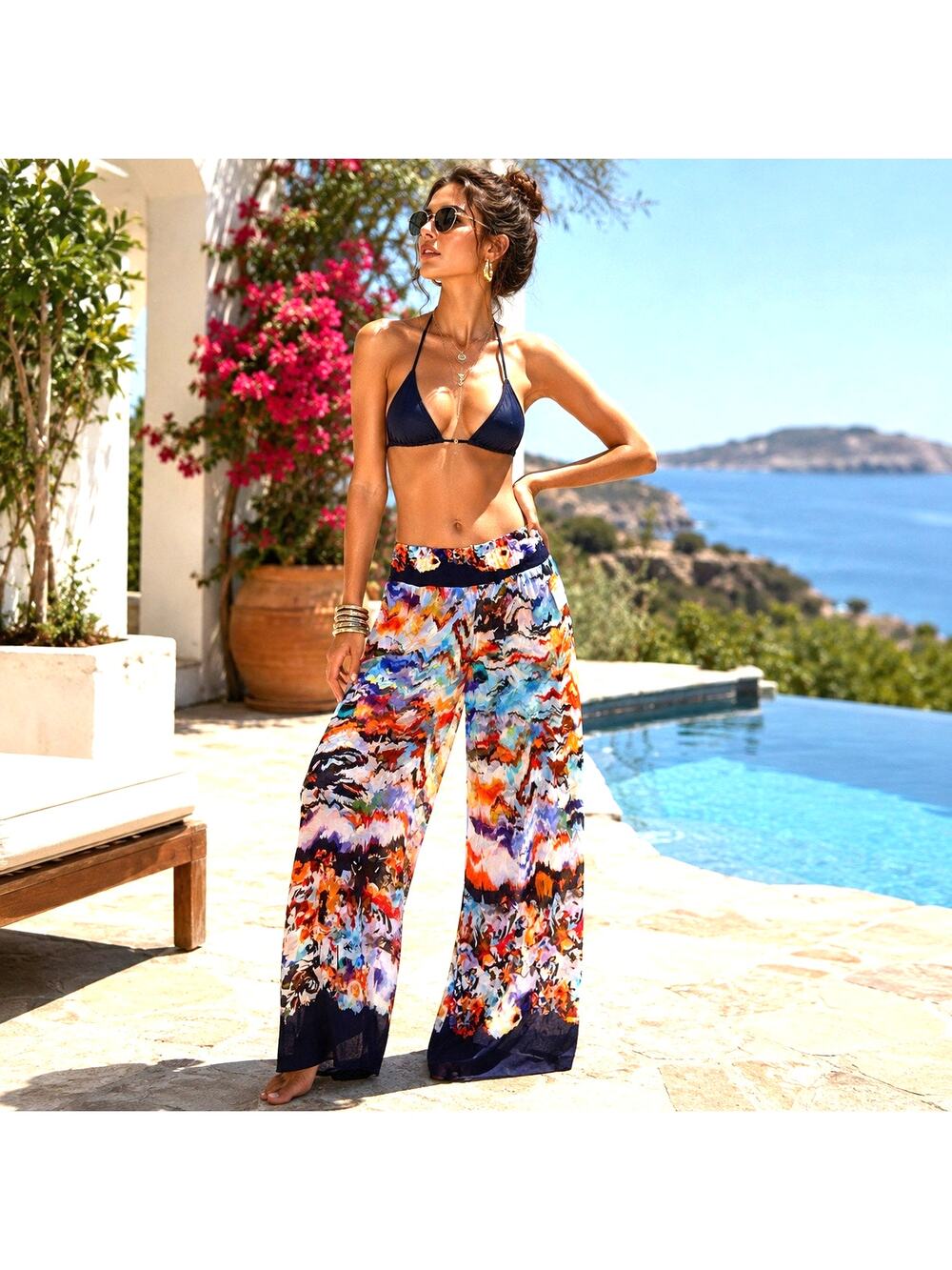PAIN de SUCRE Mesh Wide Leg Pants Womens M Abstract Swim Cover Up Resortwear